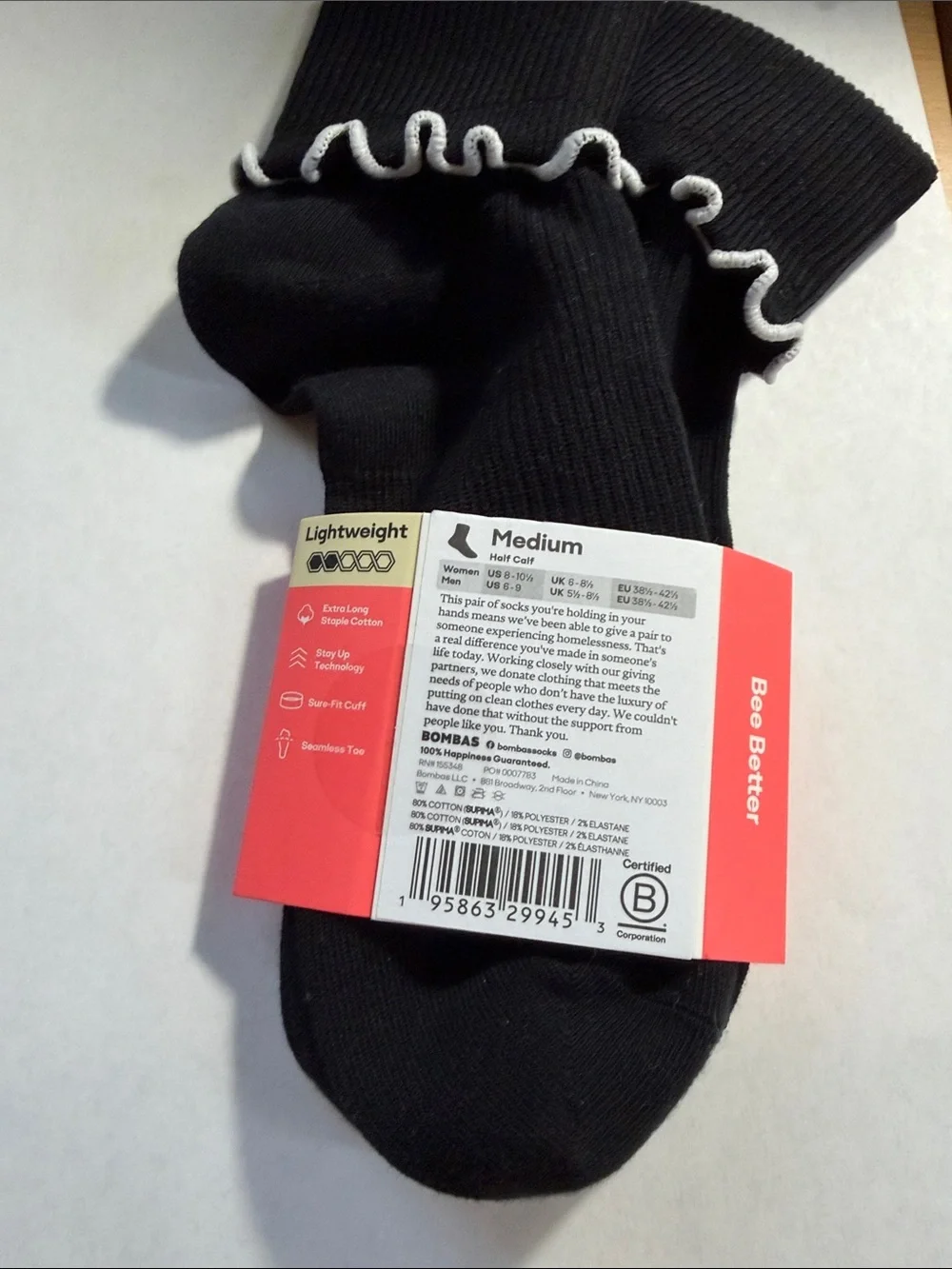 NWTBombas Black Ankle Socks with White Ruffle Trim